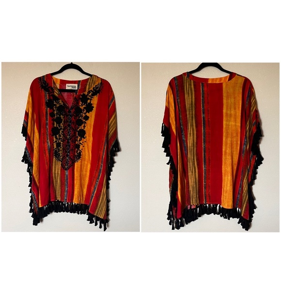 Savanna Jane Bohemian Southwest Stripe Embroidered Tassel Poncho Top M/L - Picture 4 of 12